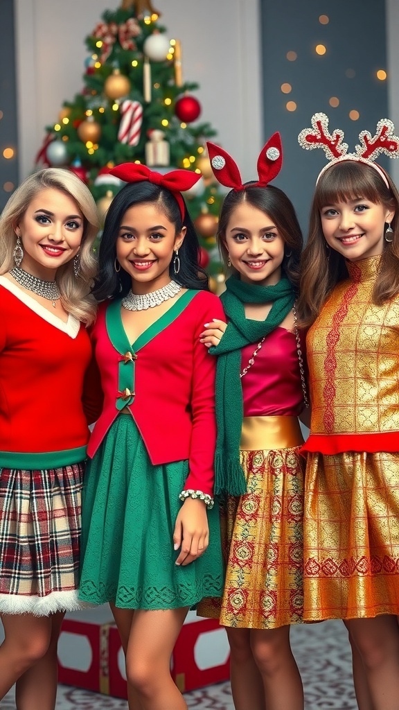 Four girls in festive Christmas outfits, standing together with a decorated Christmas tree in the background.